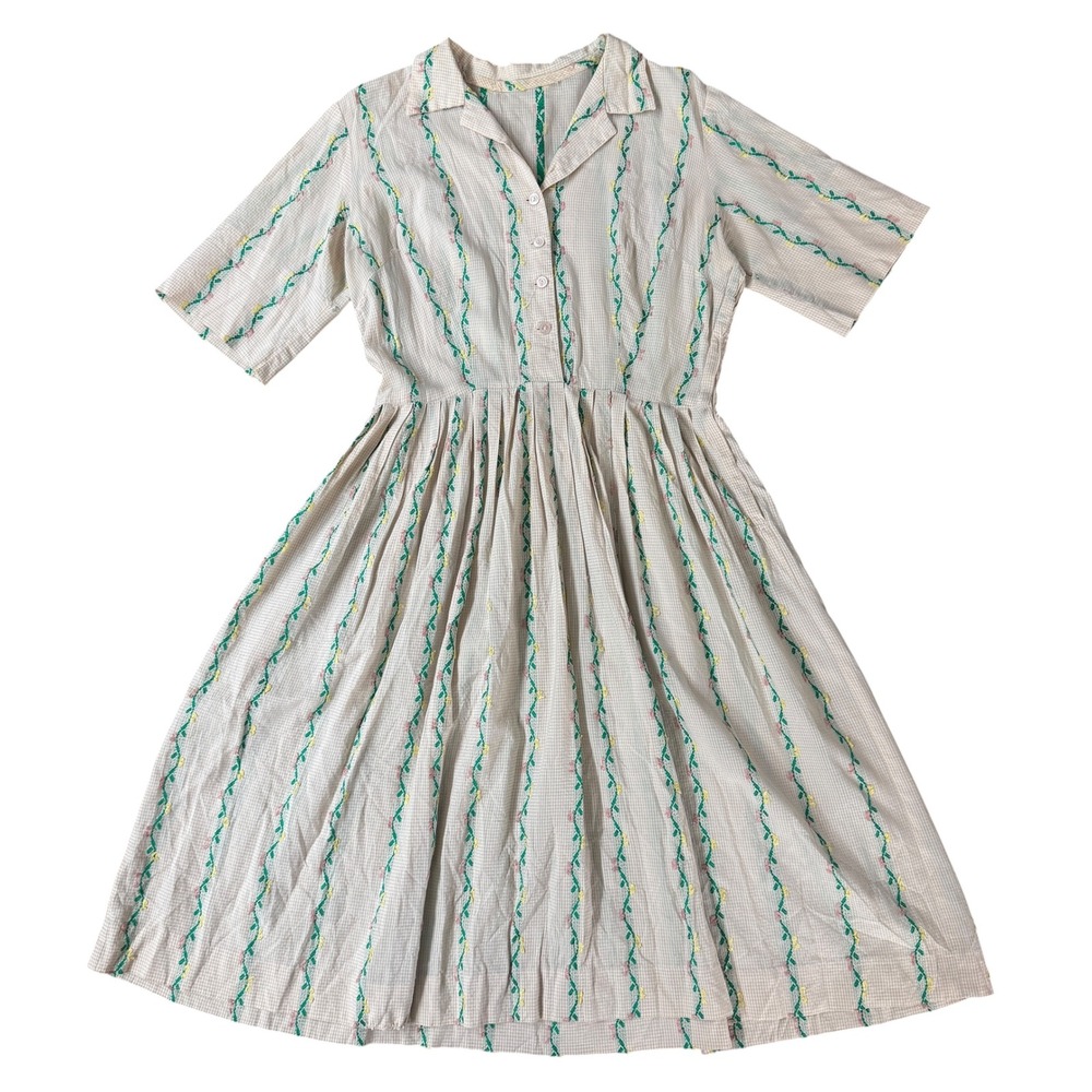 Vintage 1950s Gingham Shirtwaist Dress Embroidered Stripe M White prairie floral
